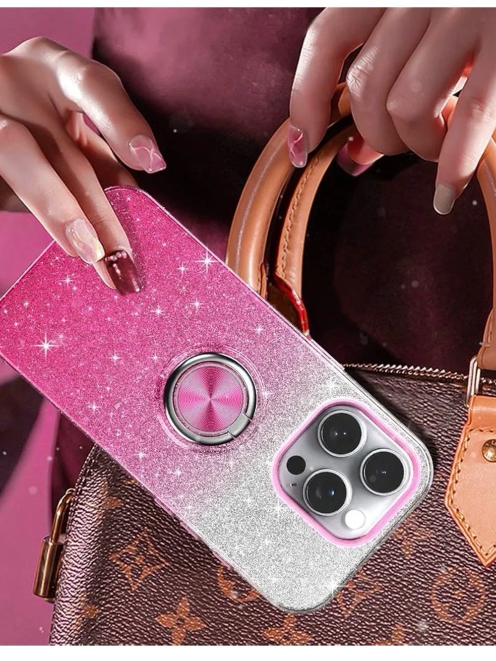 Luxury Glitter Case for iPhone 16 Pro Max Ring Holder Magnet Pink Sparkle Cover
